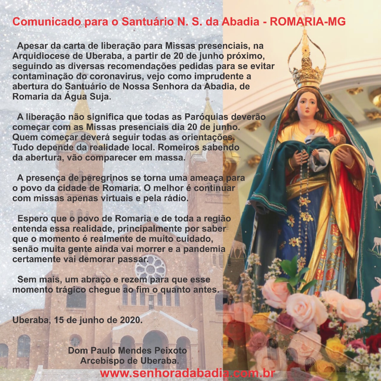 Comunicado para o Santuário Nossa Senhora da Abadia - Romaria